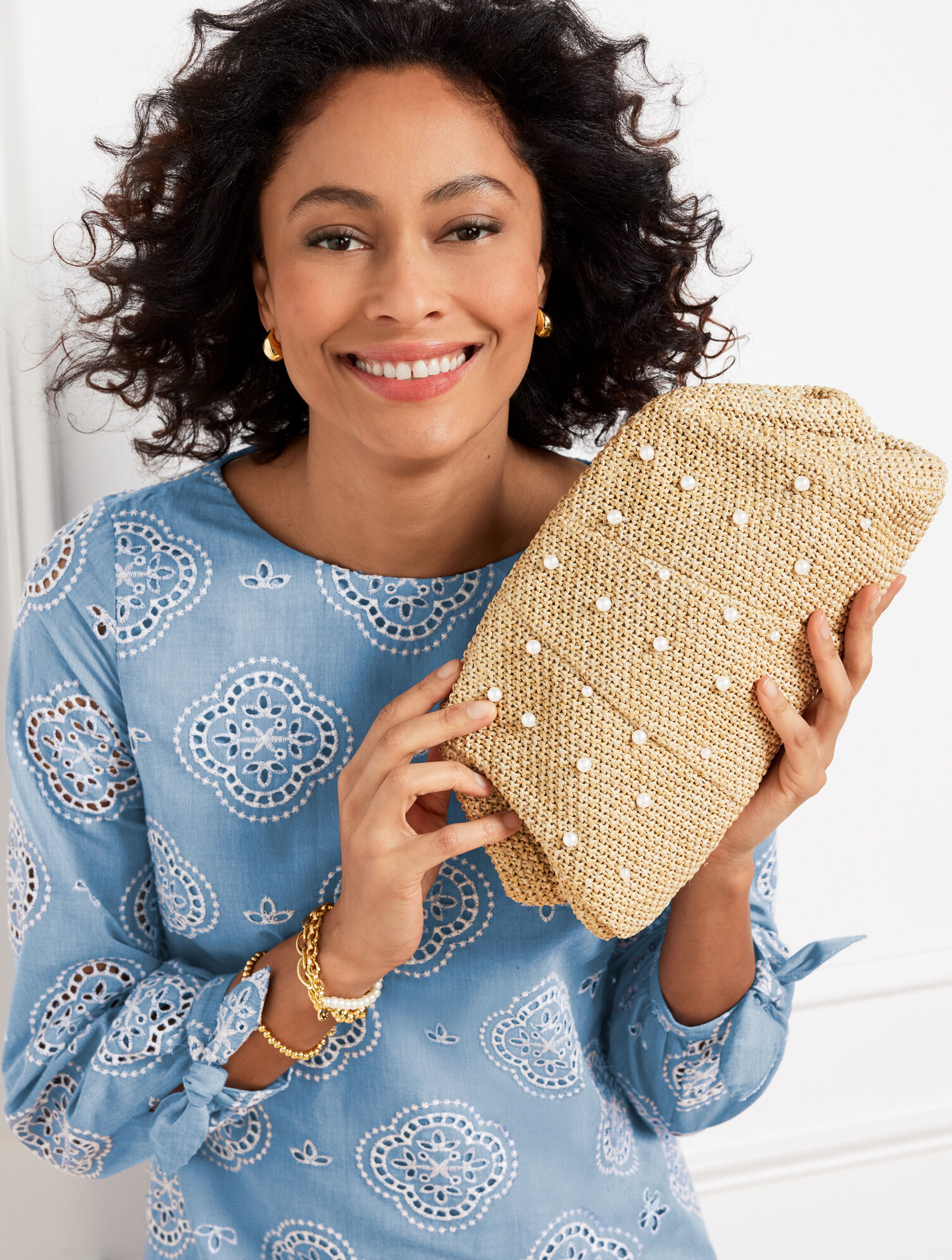 Pearl Embellished Straw Clutch Talbots