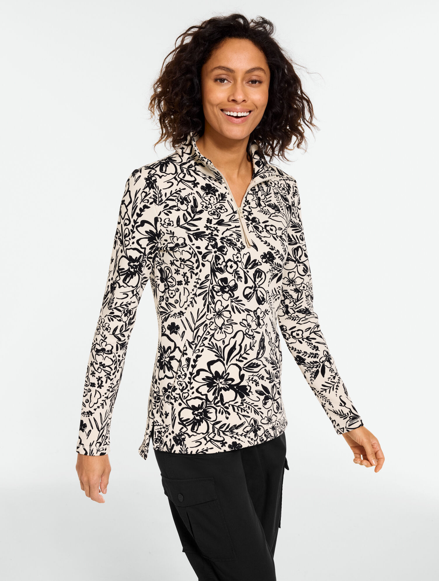 French Terry Half-Zip Pullover - Garden Floral