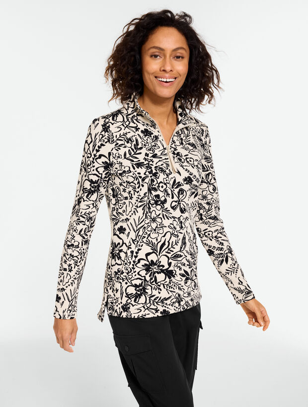 French Terry Half-Zip Pullover - Garden Floral