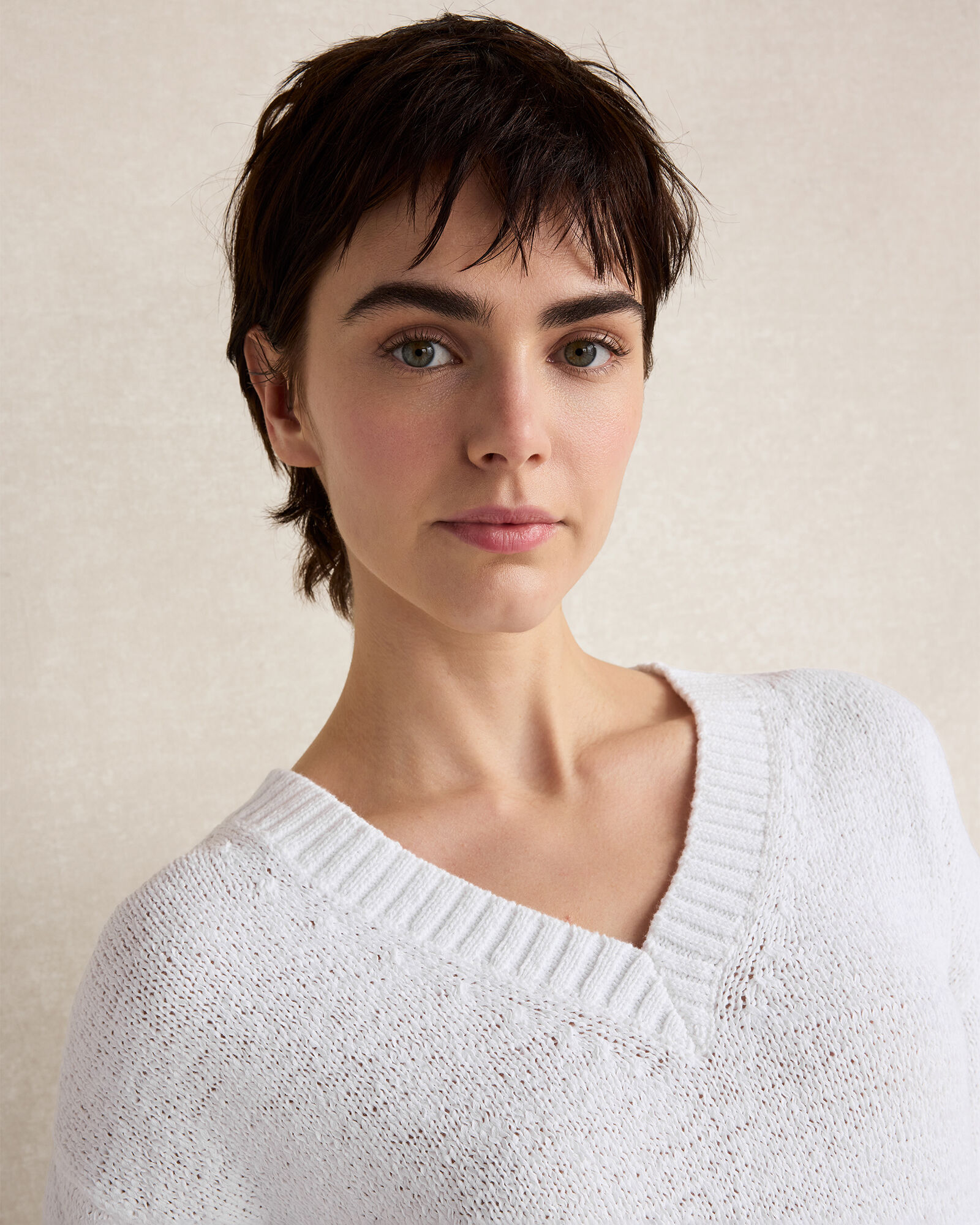 Cotton Blend Tape Yarn V-Neck Sweater