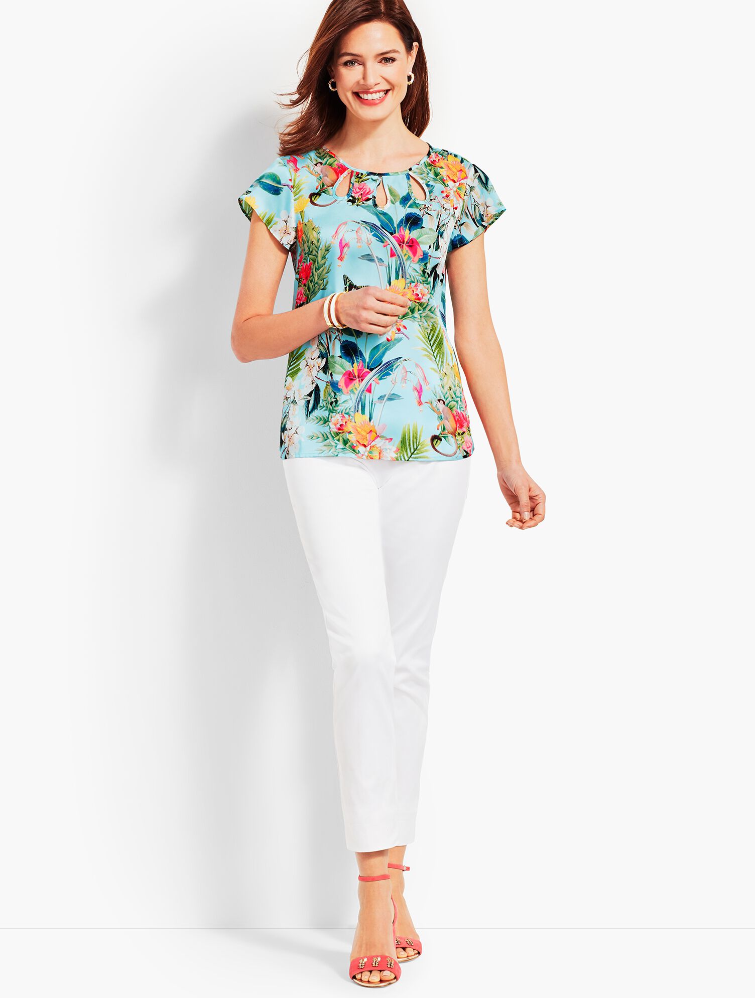 Flutter-Sleeve Teardrop Cutout Top
