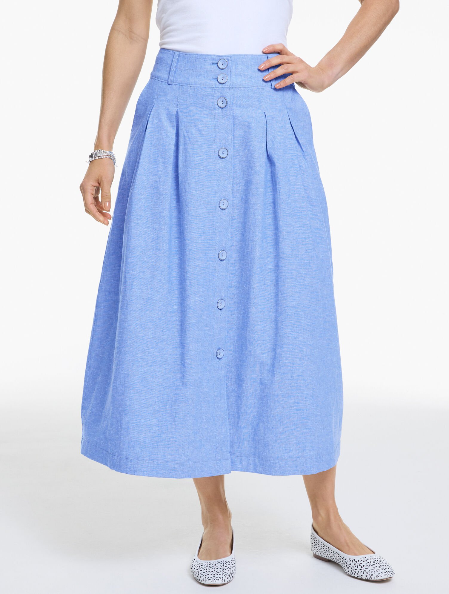 Linen Blend Button Midi Skirt