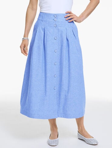 Linen Blend Button Midi Skirt