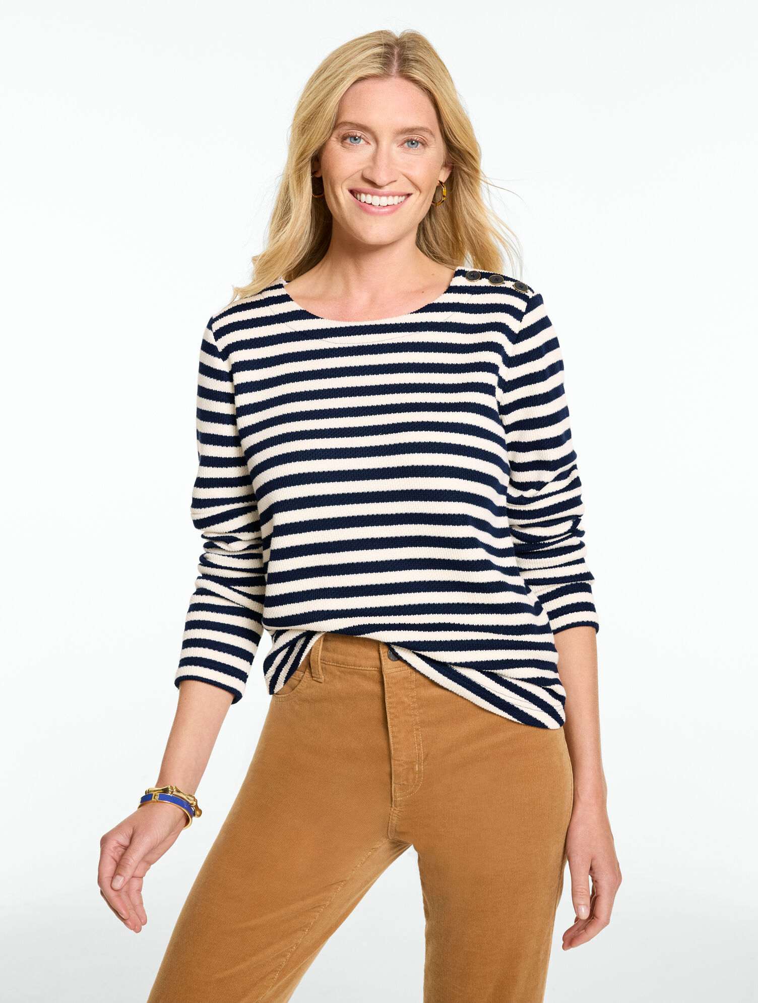 Button Shoulder Crewneck Tee - Stripe