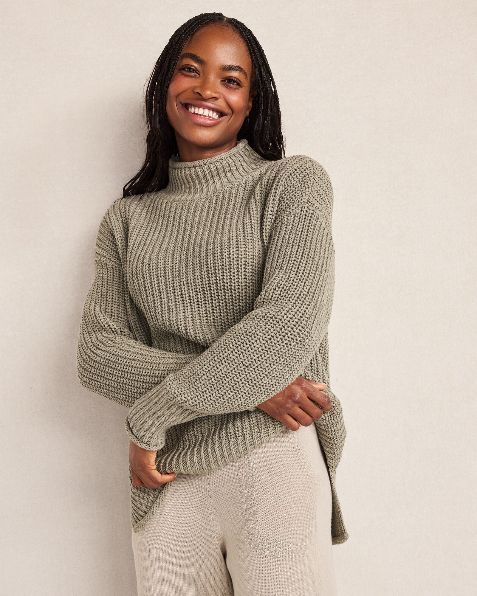 Organic Cotton Shaker Stitch Roll Neck Sweater