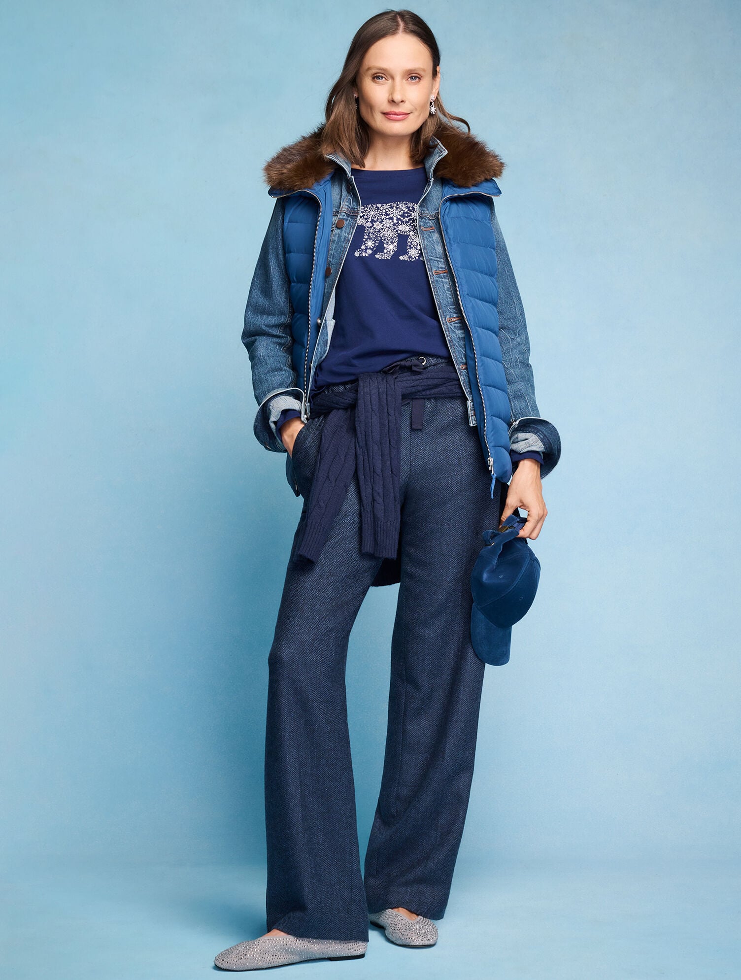 Wool Blend Straight Leg Pull-On Pants - Herringbone