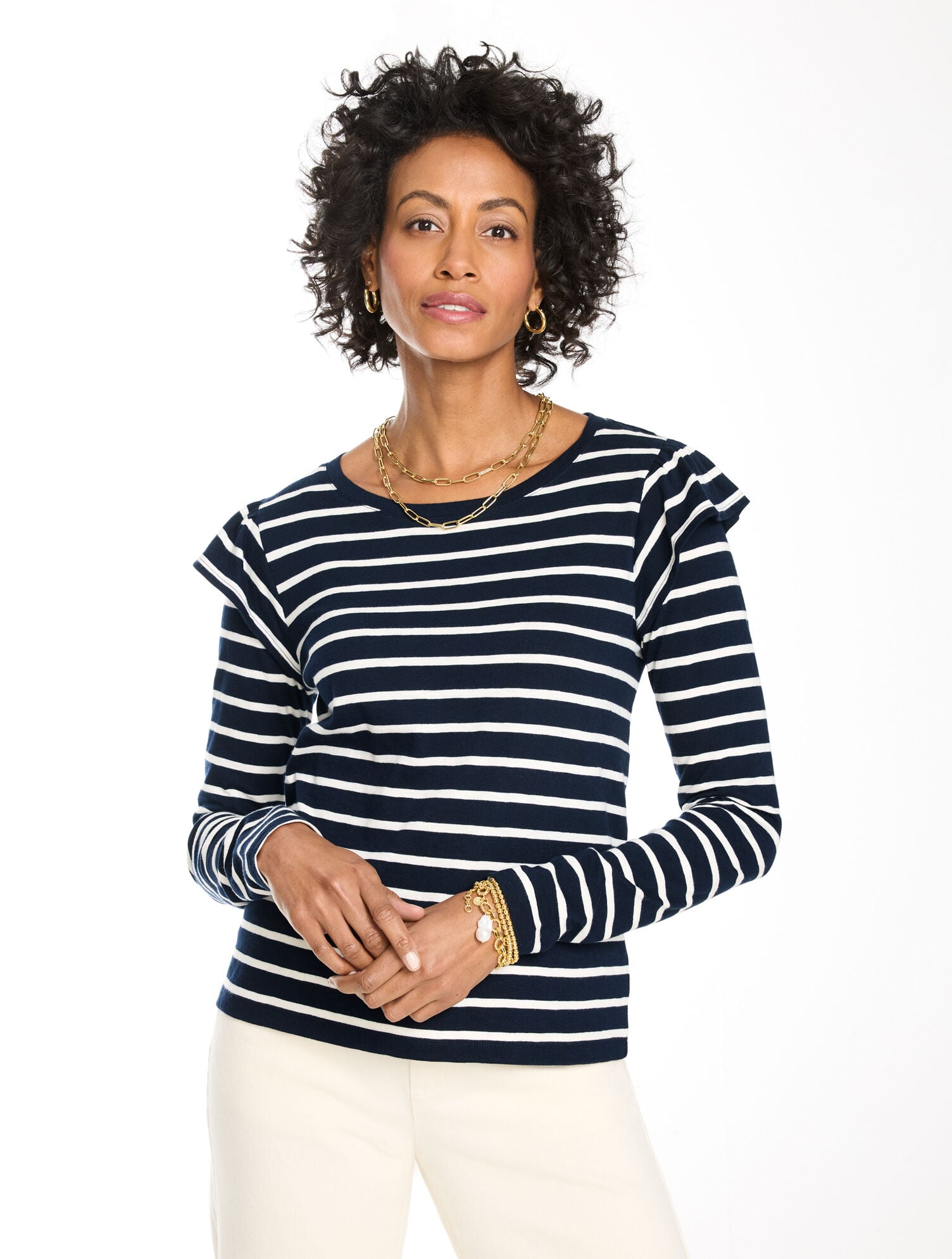 Ruffle Shoulder Crewneck Tee - Stripe