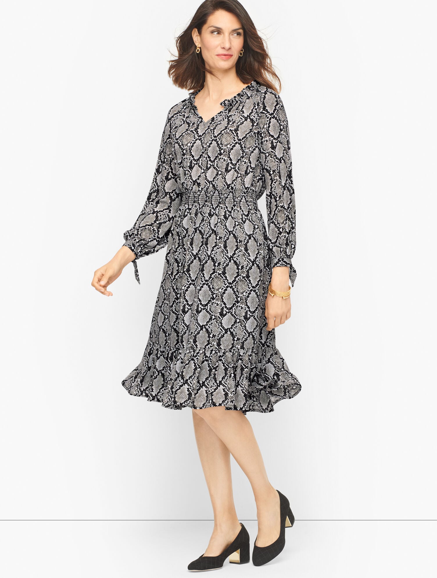 Tie Sleeve Fit & Flare Dress - Snakeskin Print | Talbots Tie Sleeve Fit & Flare Dress - Snakeskin Print | Talbots