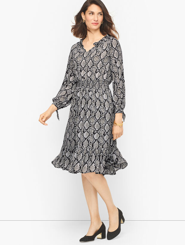 Tie Sleeve Fit &amp; Flare Dress - Snakeskin Print