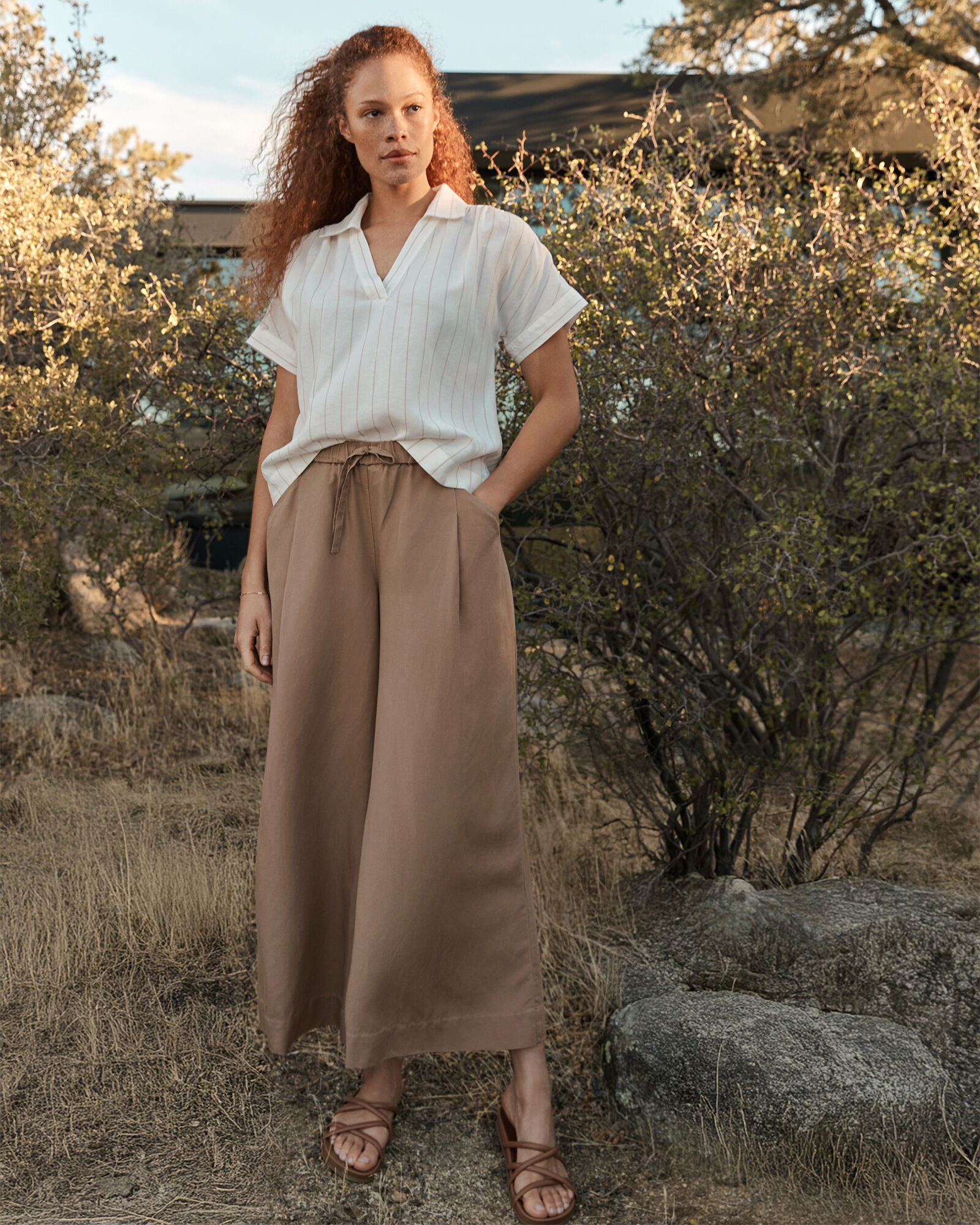 PLUS STRIPE LINEN COLLARED SHORT SLEEVE SHIRT