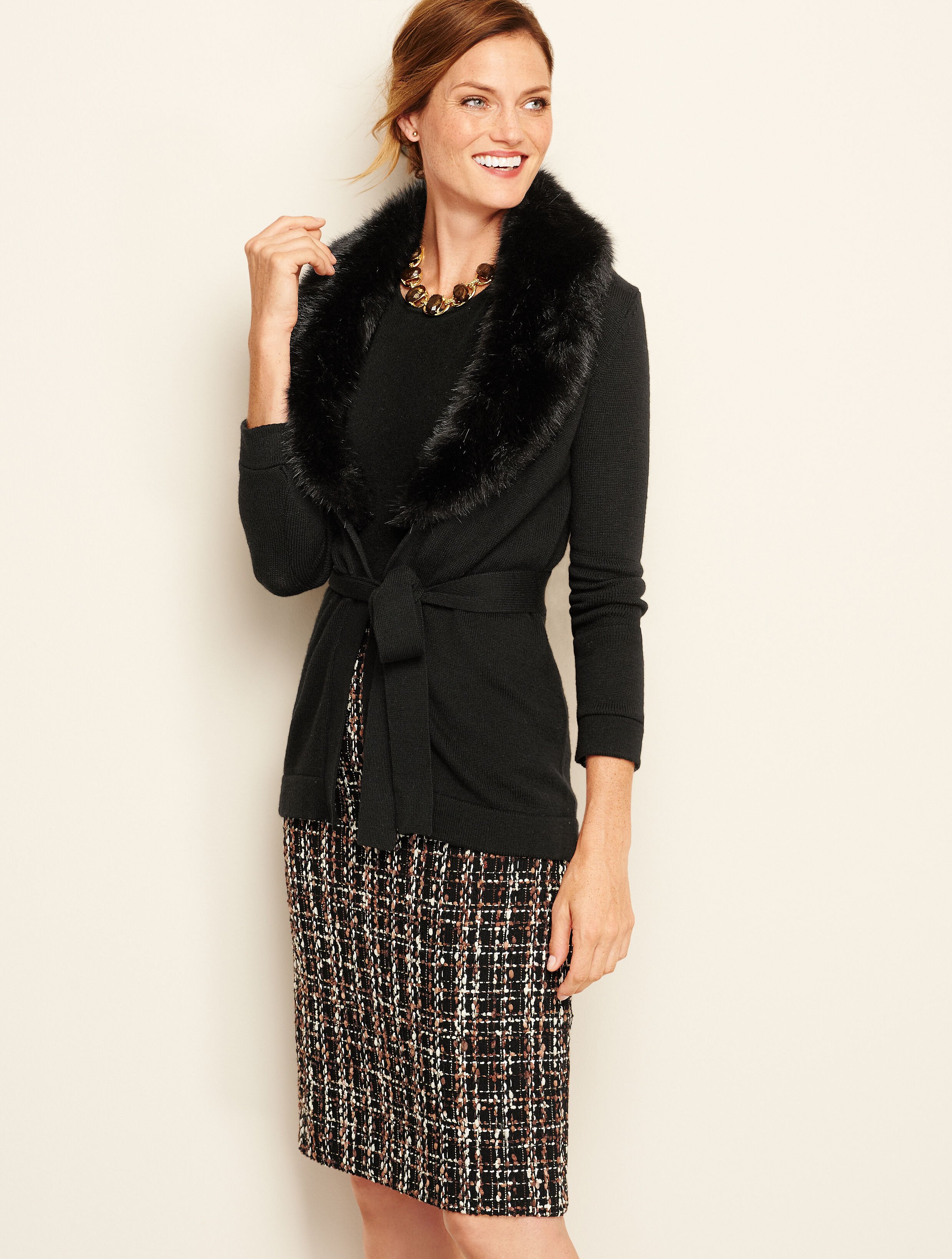 Faux-Fur Collar Merino Cardigan