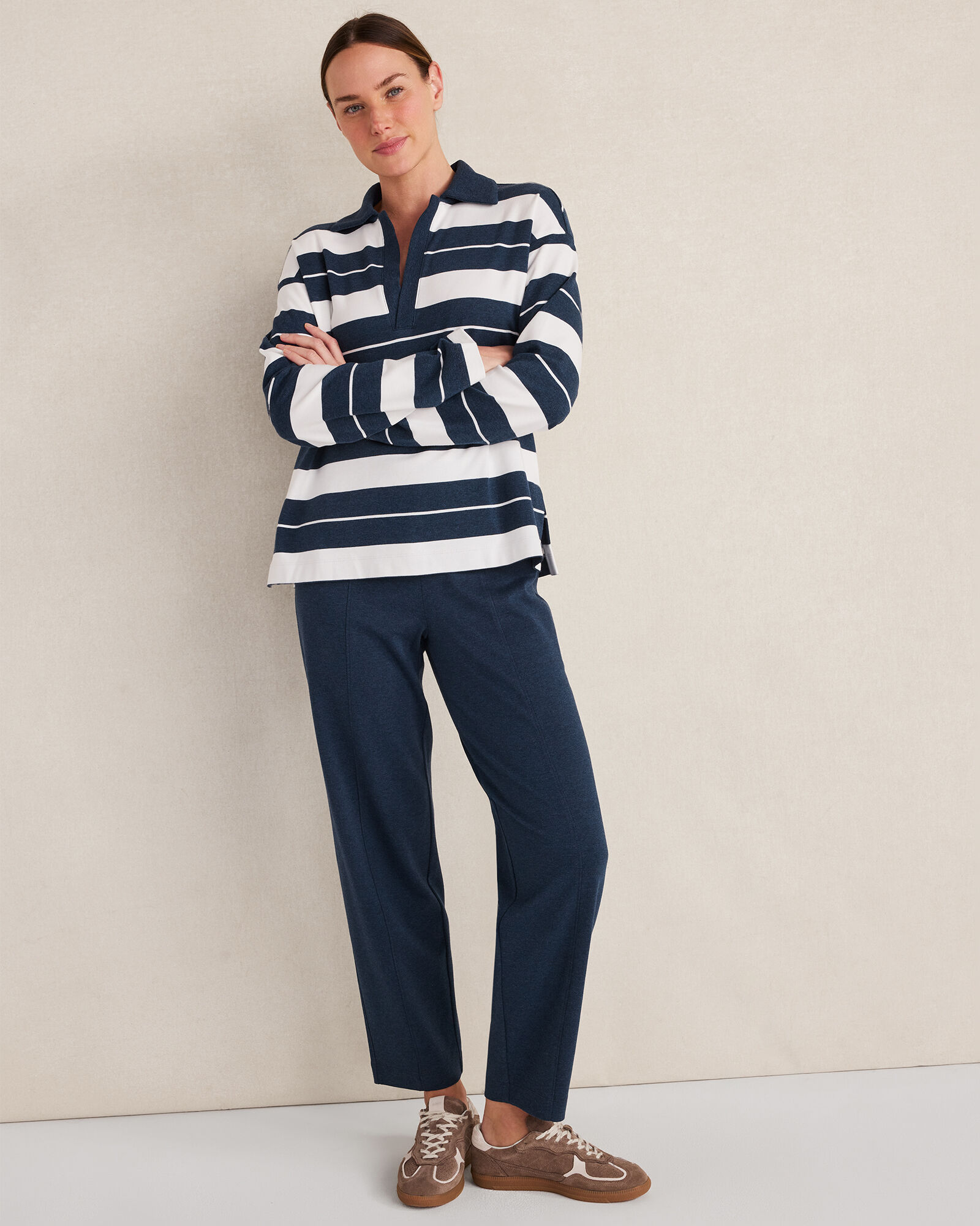 Organic Cotton Interlock Stripe Johnny Collar Top