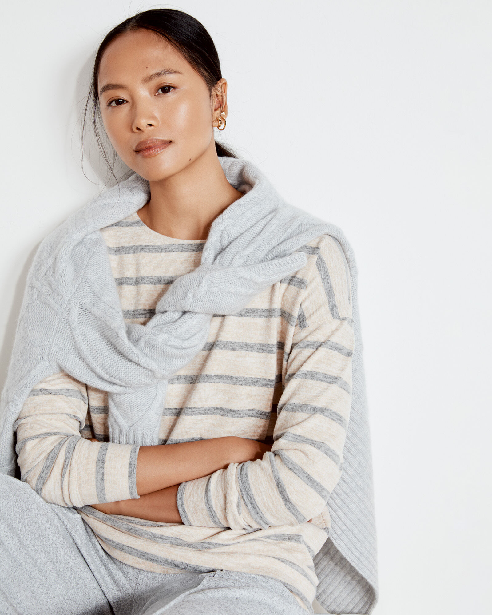 Marled Knit Striped Boat Neck Top