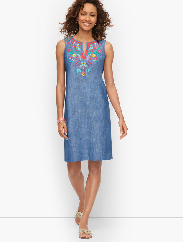 Embroidered Linen Shift Dress