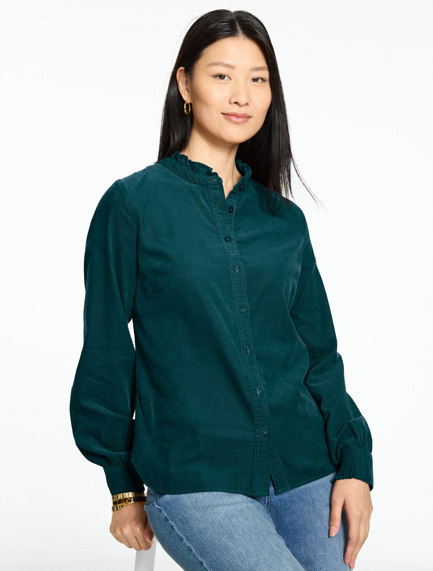 Ruffle Neck Corduroy Top