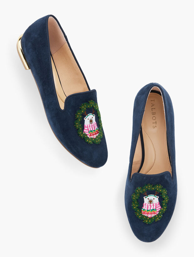 Green Suede Loafers with Embroidered Bears Dark Navy Dancing Bears Belgian Loafers | Smathers and Branson main image 4