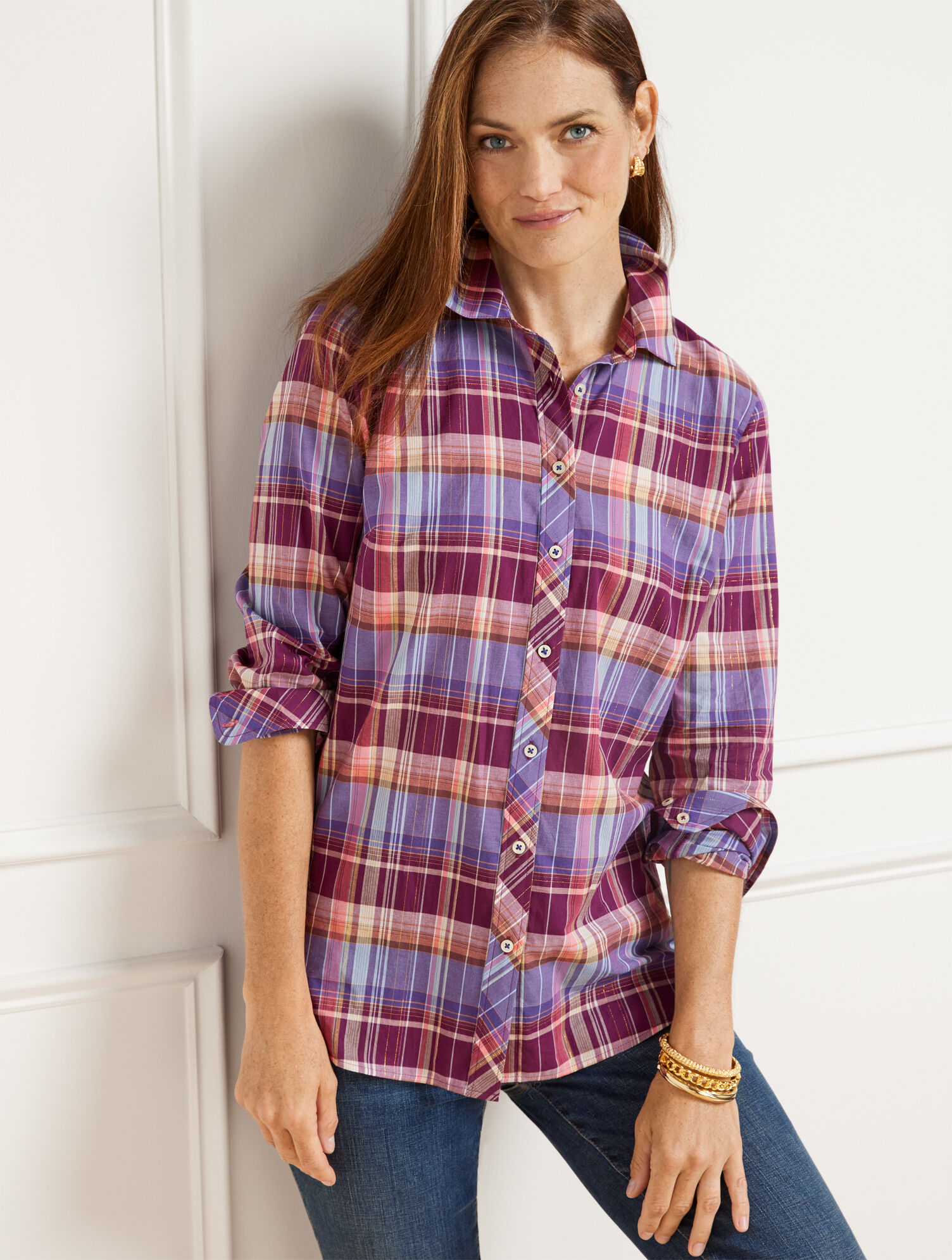 Plaid Talbots Button Down Shirts Cotton Button Front Shirt Festive