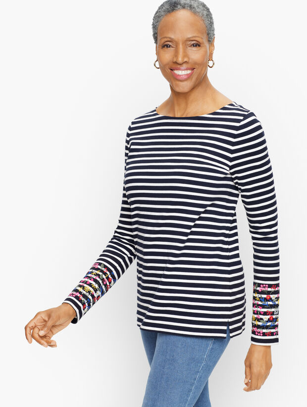 Embroidered Bateau Neck Tee -  Fleur Stripe