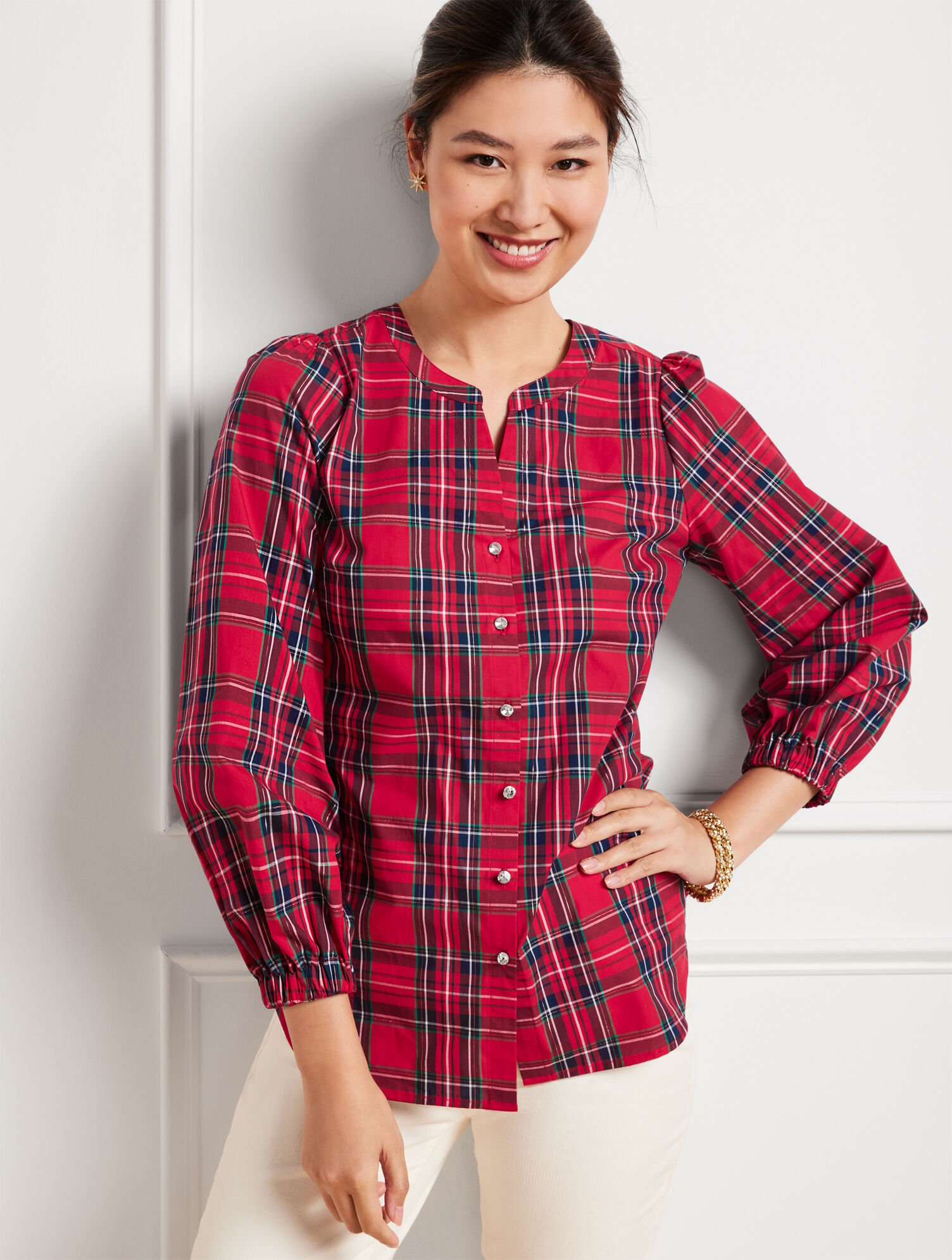 Button Front Top - Midnight Plaid | Talbots