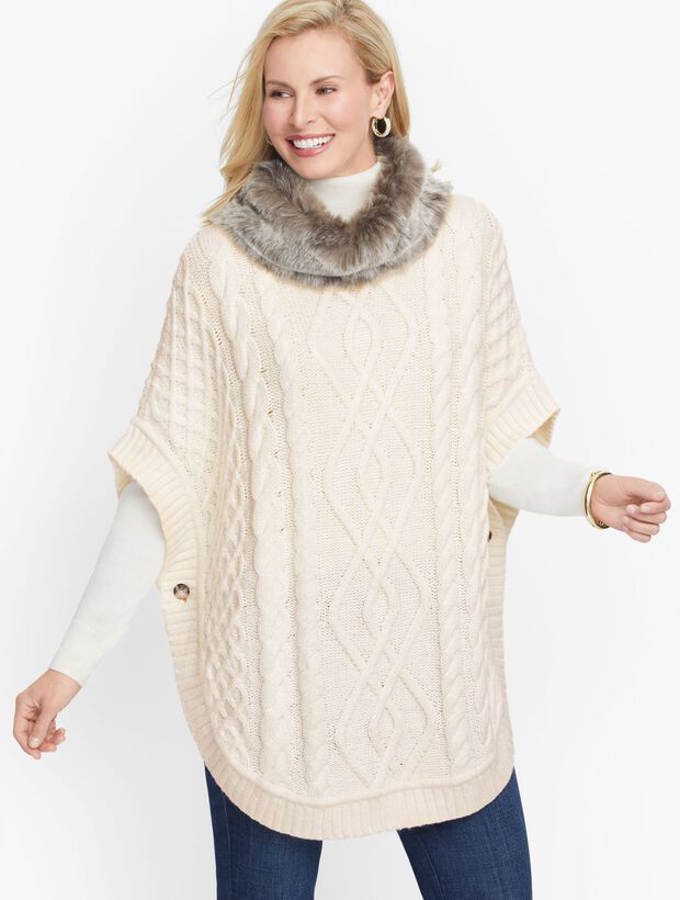 Faux Fur Collar Cableknit Poncho