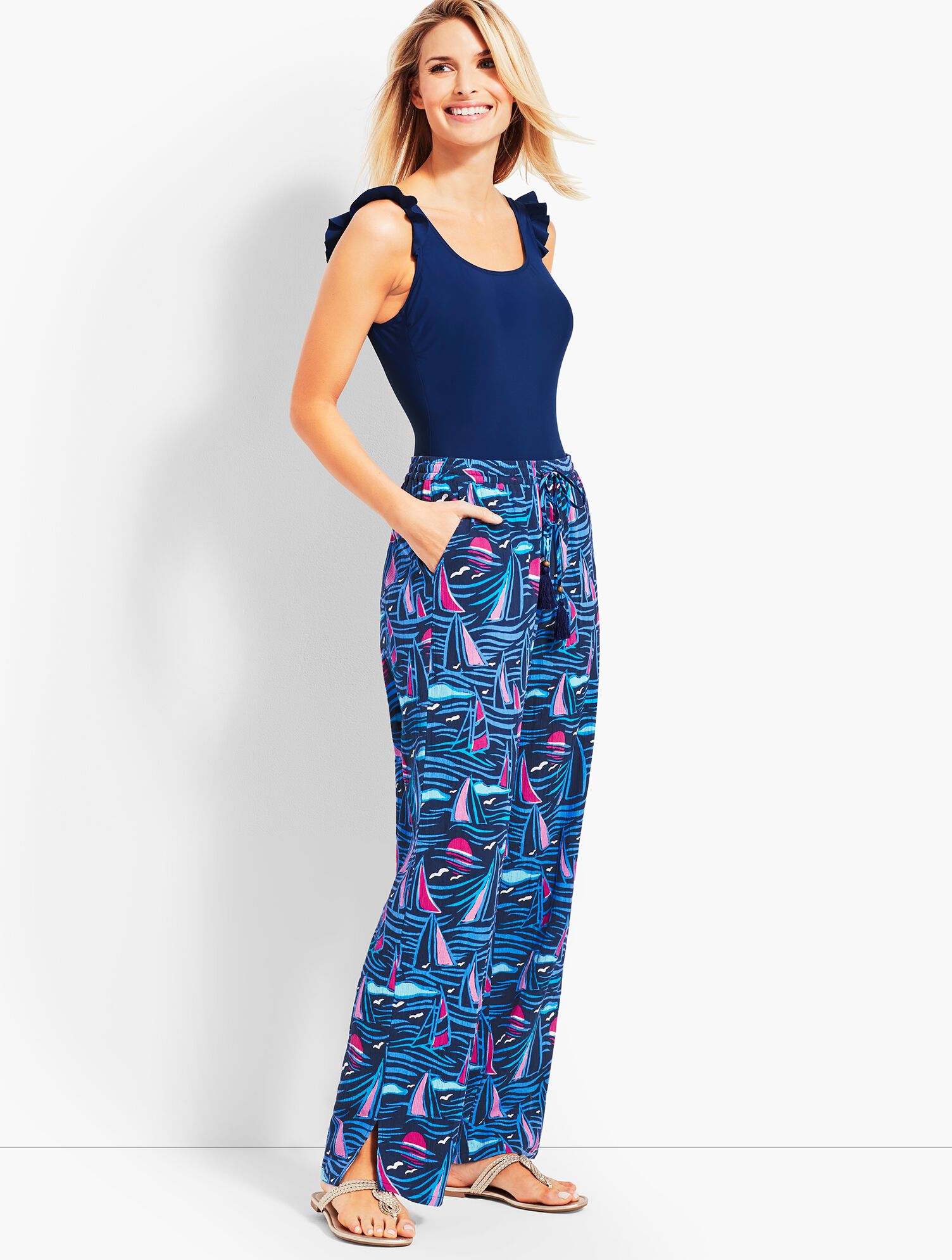 Crinkle-Cotton Sailing Boats Beach Pant