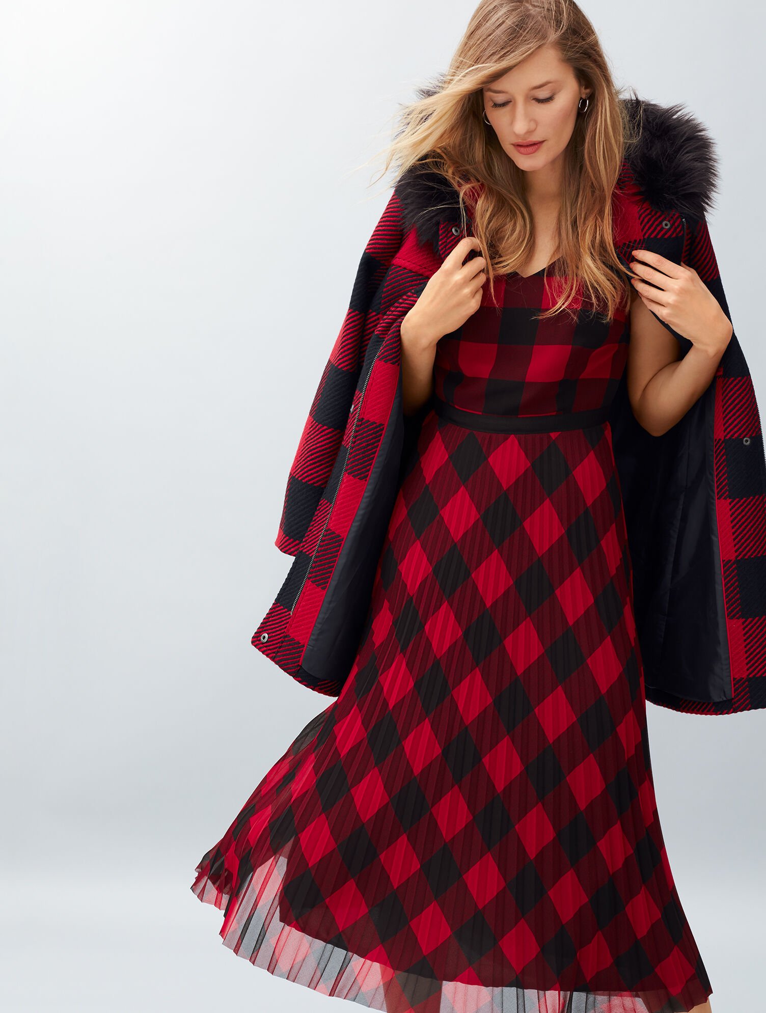 Faux Fur Trim Wool Jacket Buffalo Check Talbots