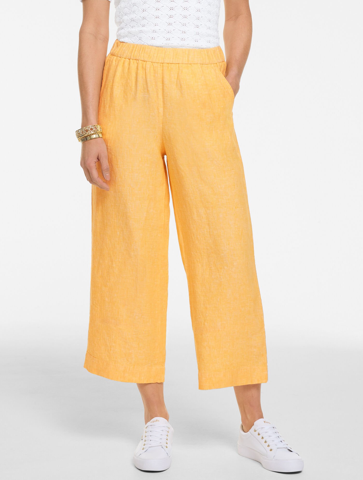 Washed Linen Wide Crop Pull-On Pants - Cross Dye
