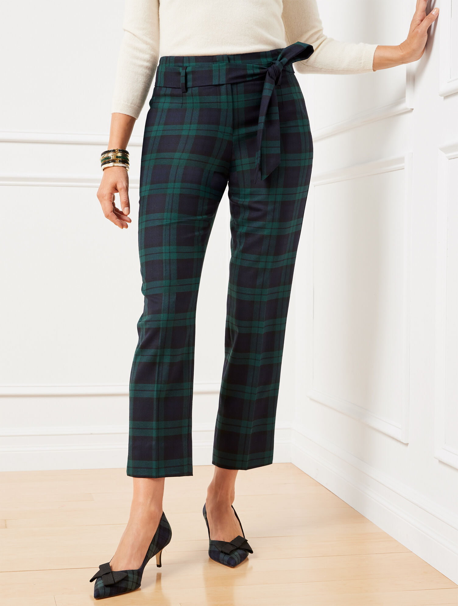 Black Watch Tartan Tie Waist Slim Ankle Pants | Talbots display picture 1