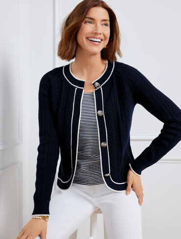Cable Knit Cutaway Cardigan - Tipped