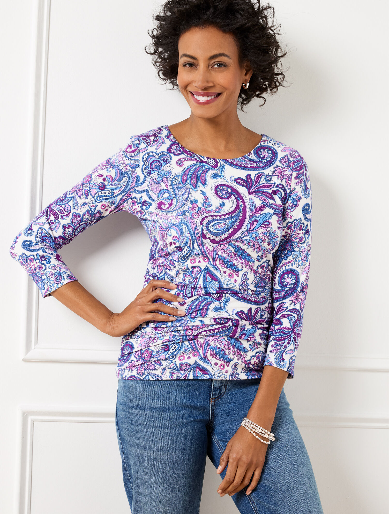 three quarter sleeve side ruched tee