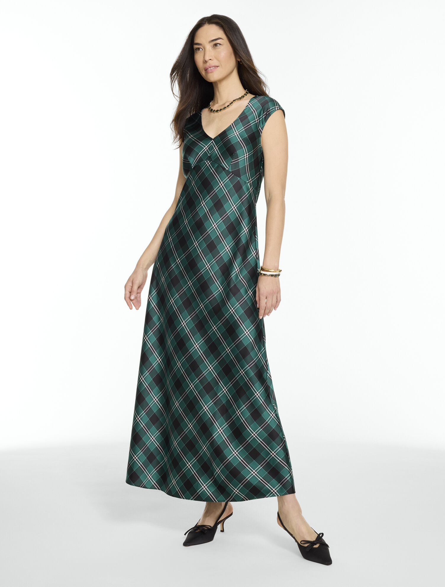 Satin V-Neck Midi Dress - Bold Plaid