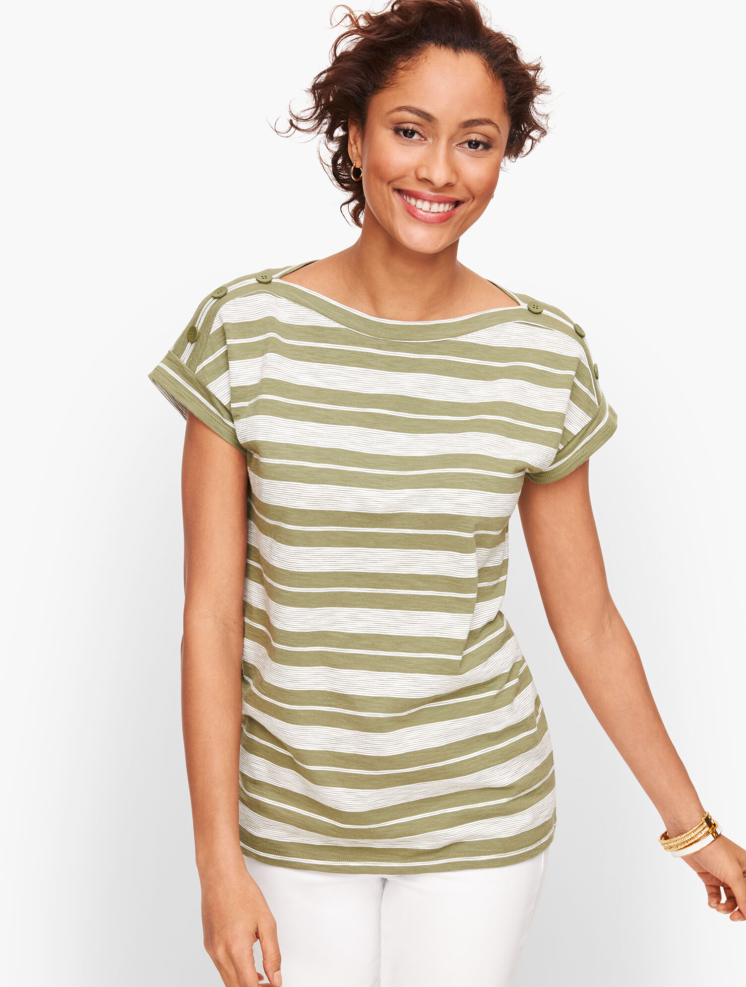 Button Shoulder Tee - Stripe
