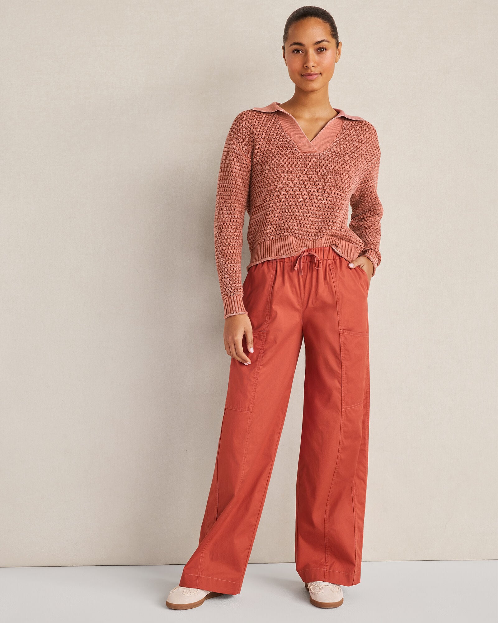 Cotton Wave Stitch Johnny Collar Sweater