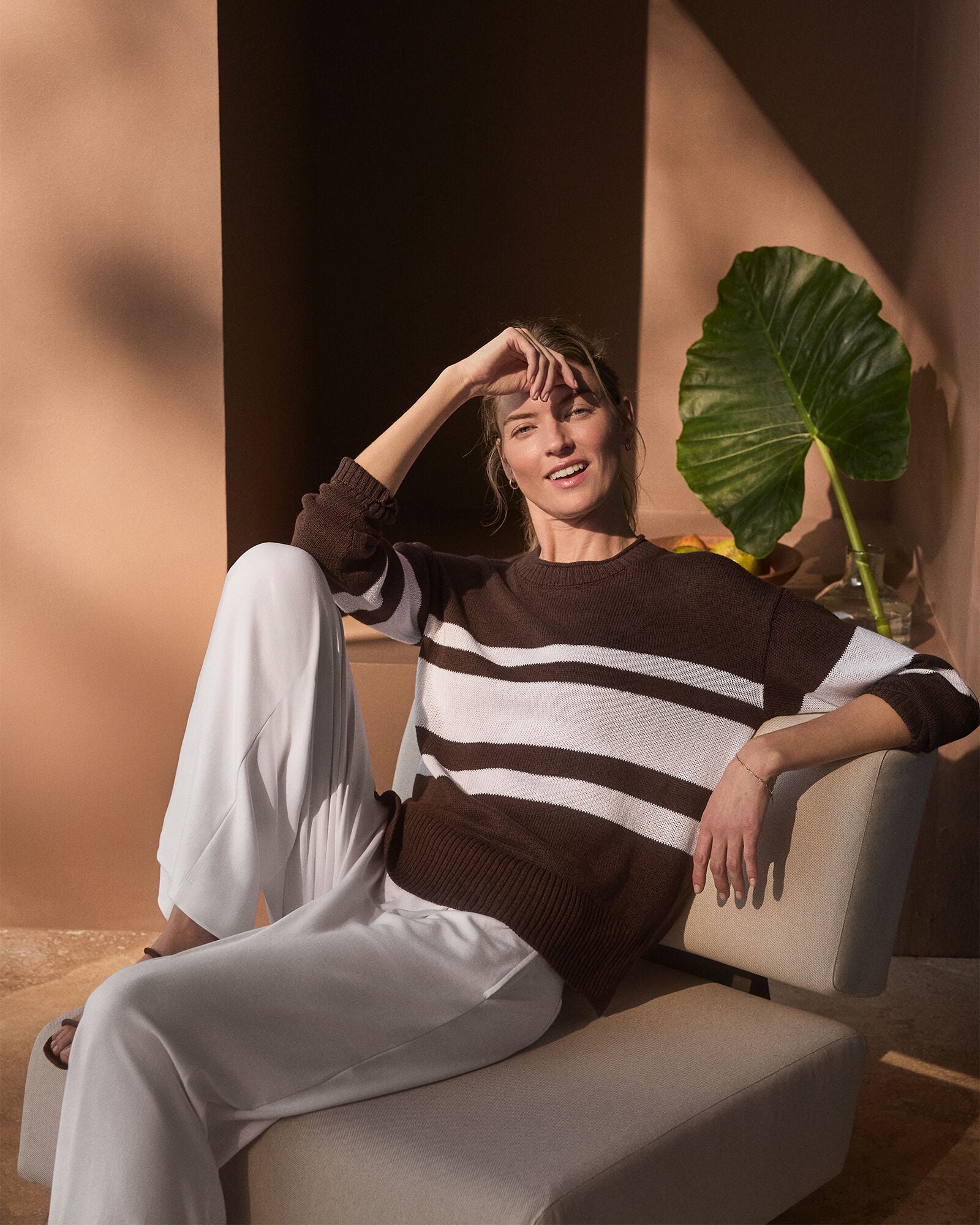 Cotton Linen Stripe Roll Neck Sweater