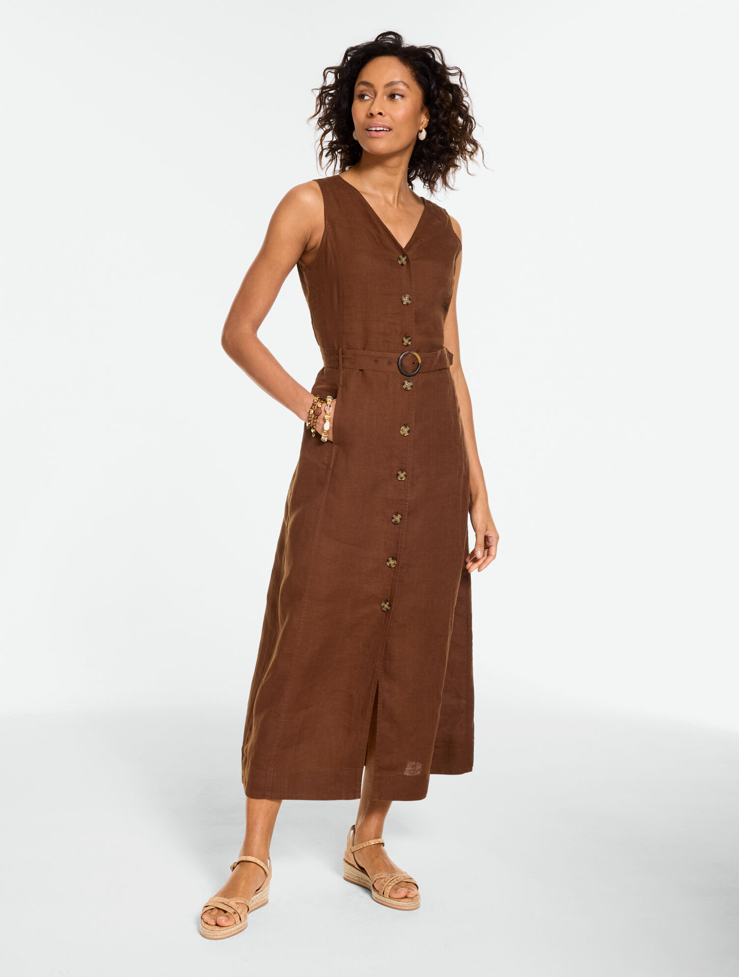 Linen Belted Midi Shift Dress
