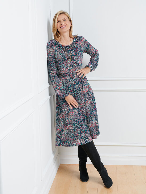 Jersey Smocked Fit & Flare Dress - Bright Paisley | Talbots