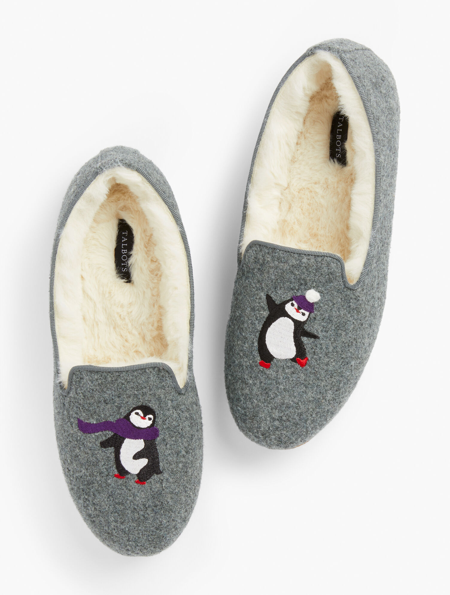 Fireside Slippers - Penguin Embroidered Flannel