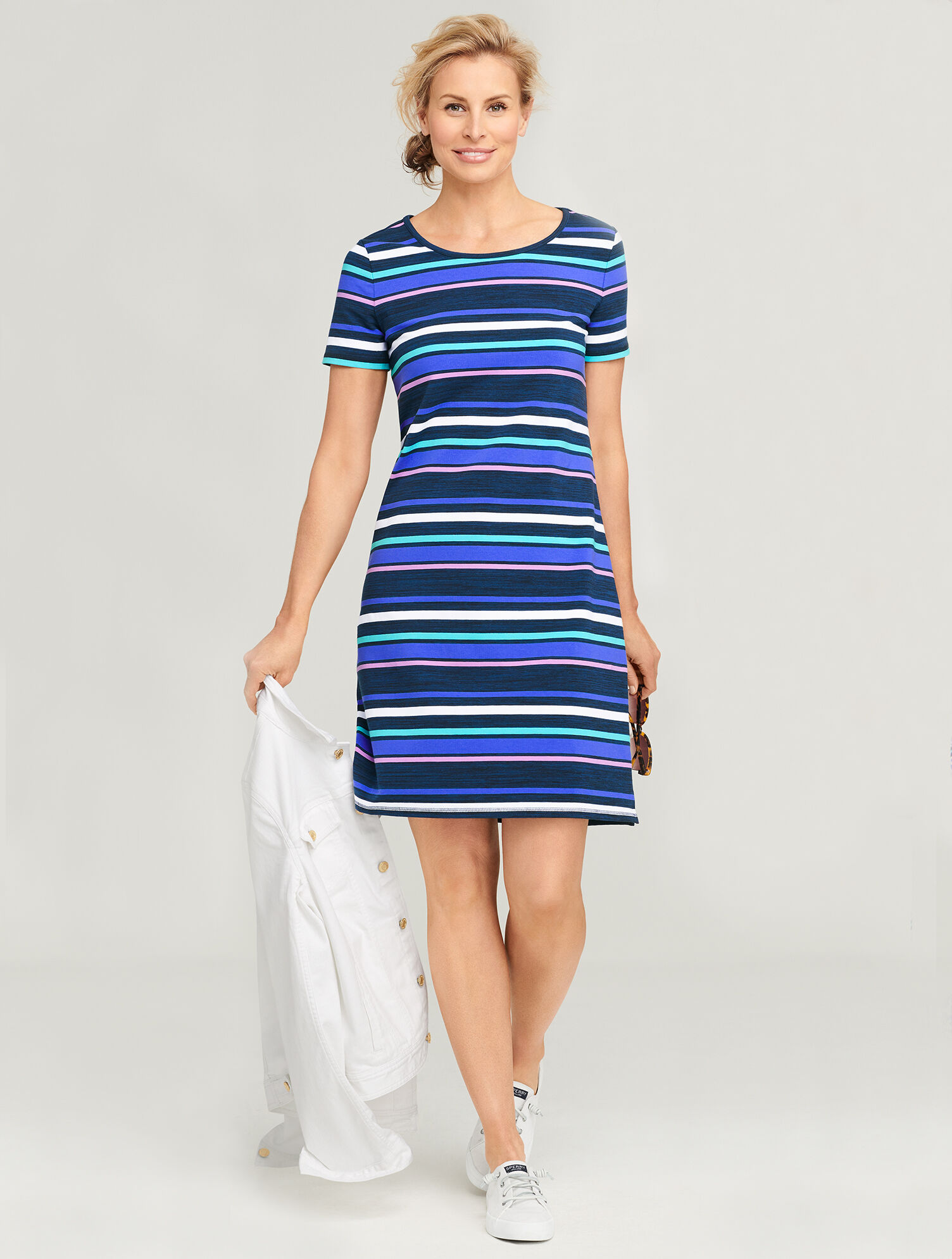 Ruched Drawstring Back T-Shirt Dress - Stripe