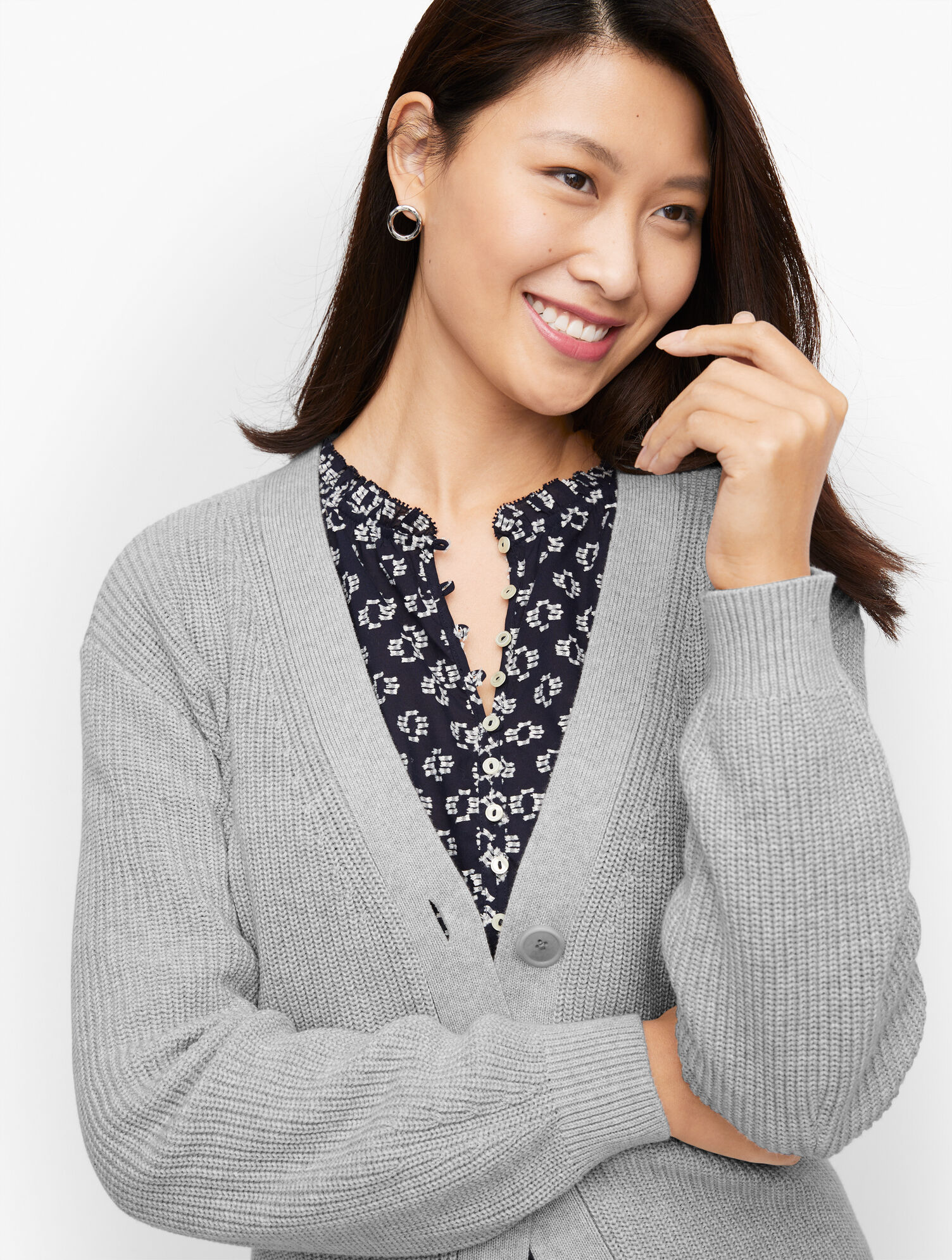 Pima Shaker Stitch Bishop Sleeve Cardigan