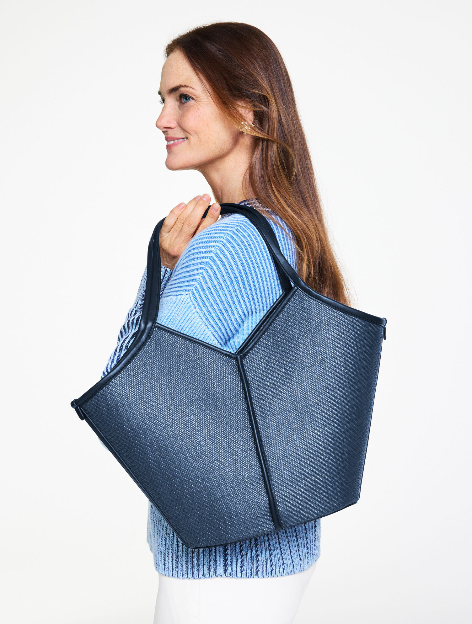 Essential Diamond Straw Tote with Leather Trim