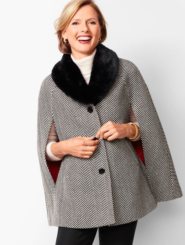 Faux-Fur Collar Herringbone Cape