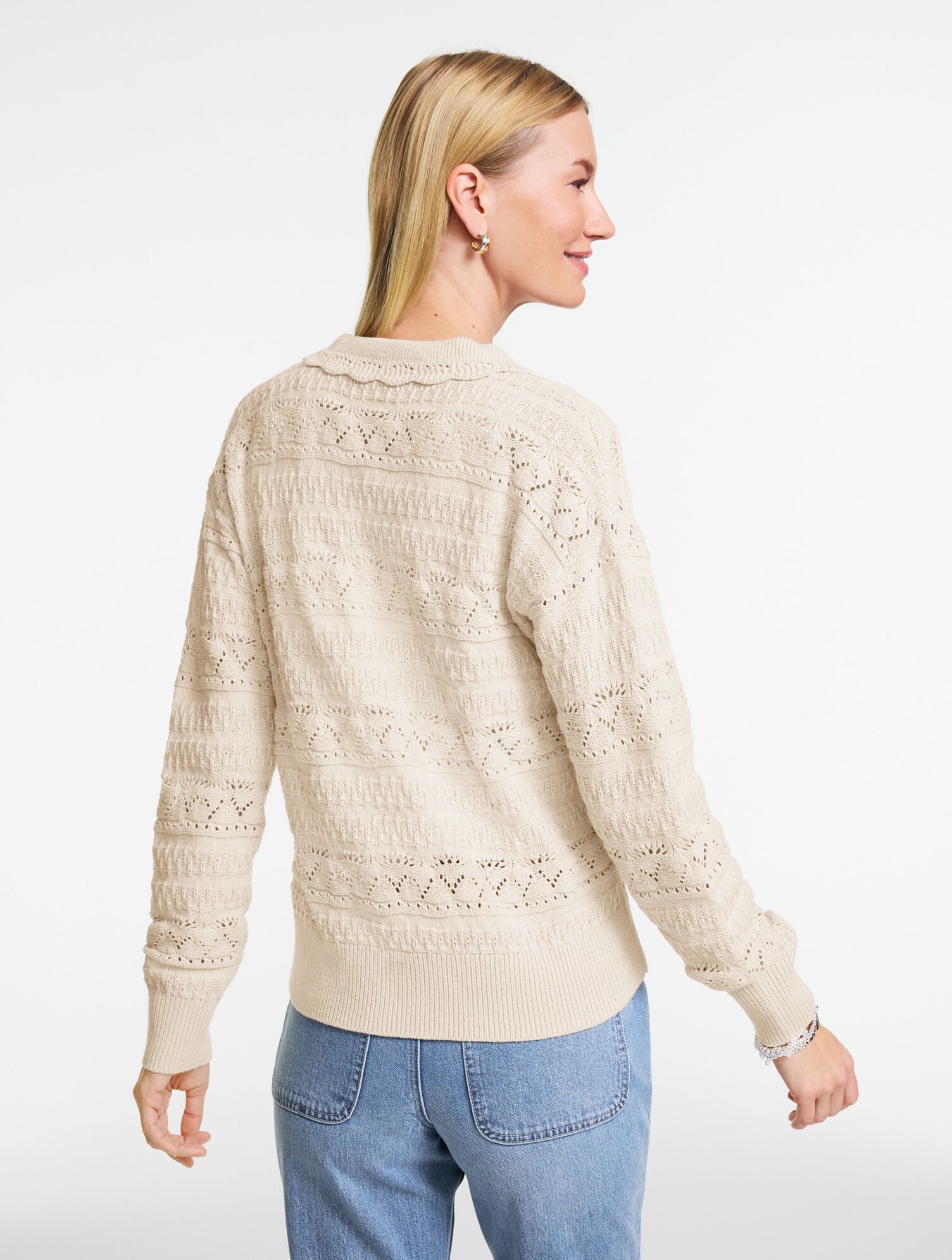 Pointelle Johnny Collar Sweater