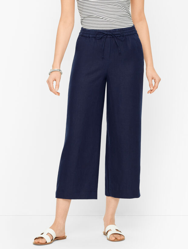 Linen Wide Leg Crop Pants - Solid