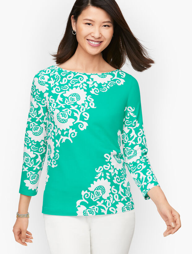 Cotton Bateau Neck Tee - Woodblock Floral