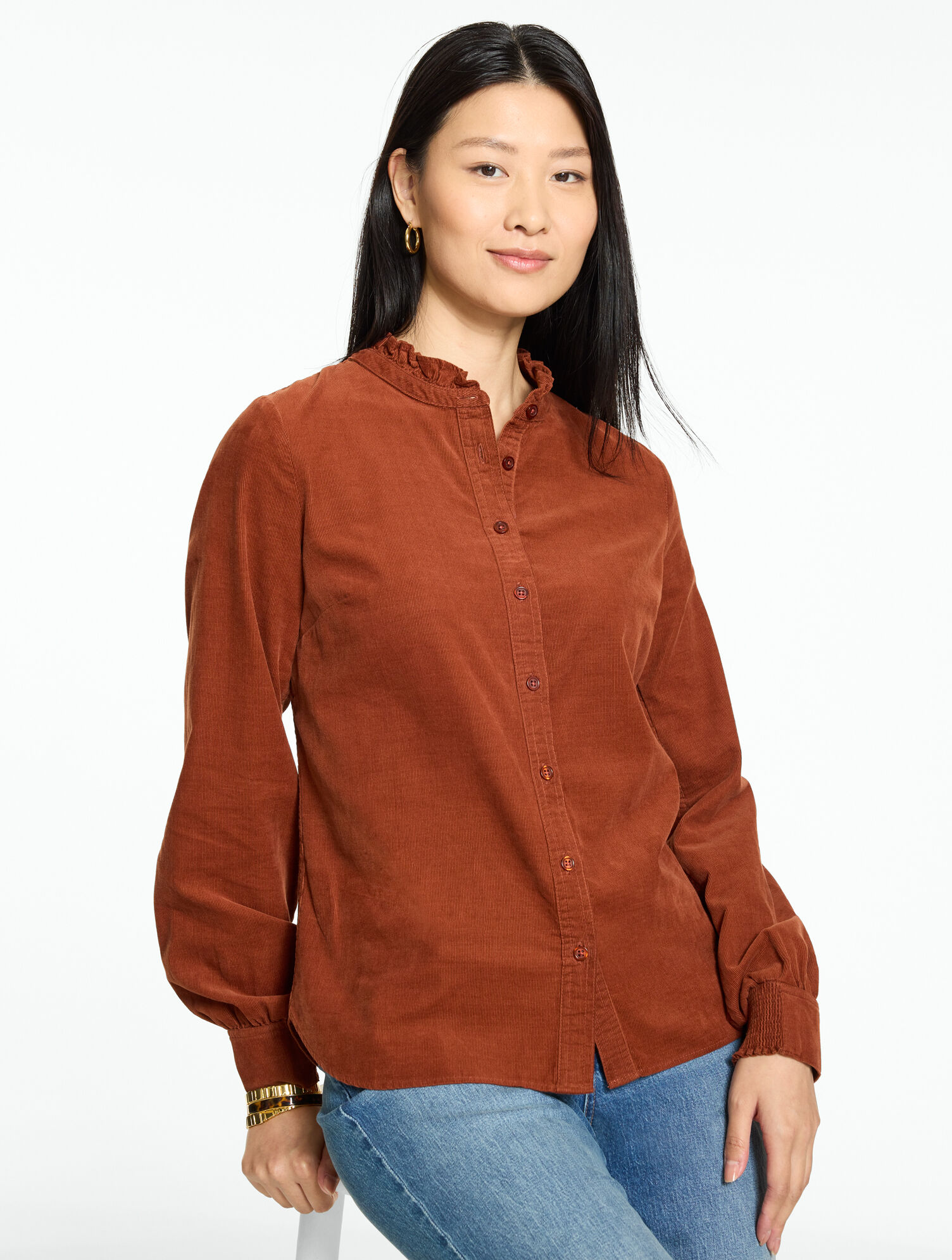 Ruffle Neck Corduroy Top