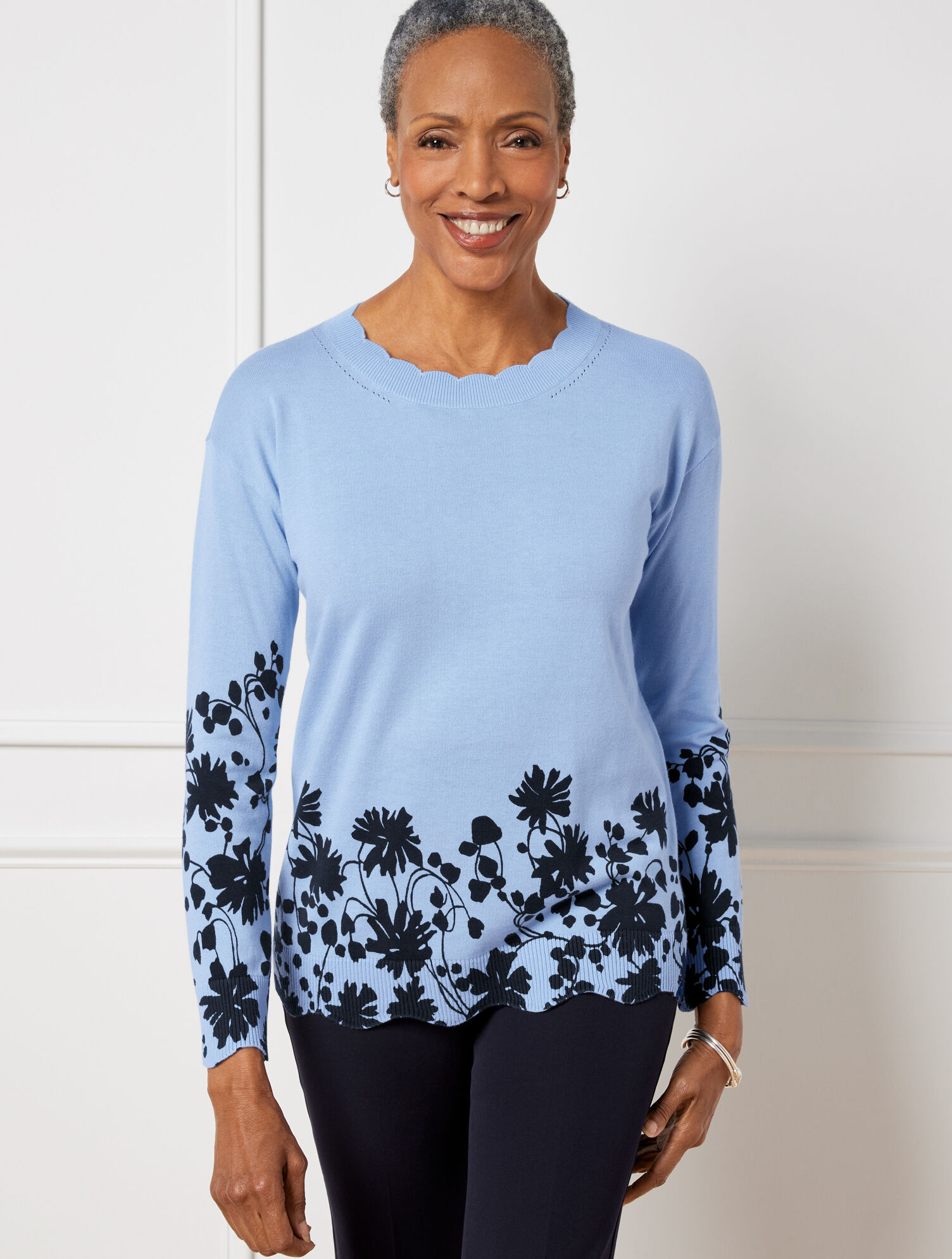 Scallop Detail Crewneck Pullover - Vine Floral