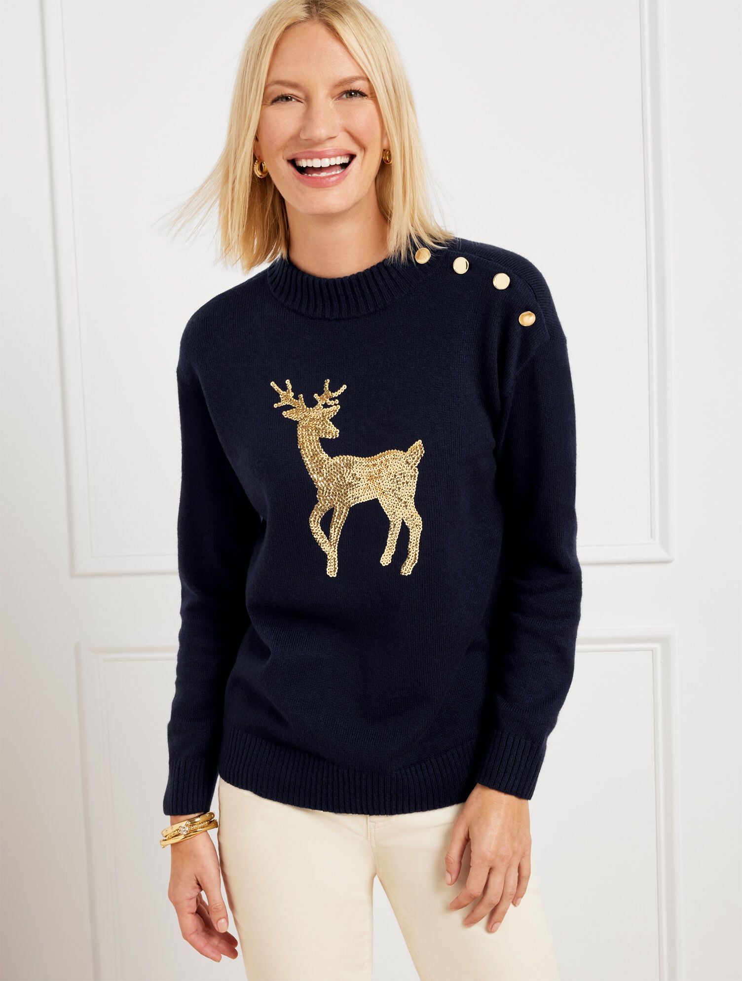 Button Mockneck Sweater - Sequin Deer | Talbots