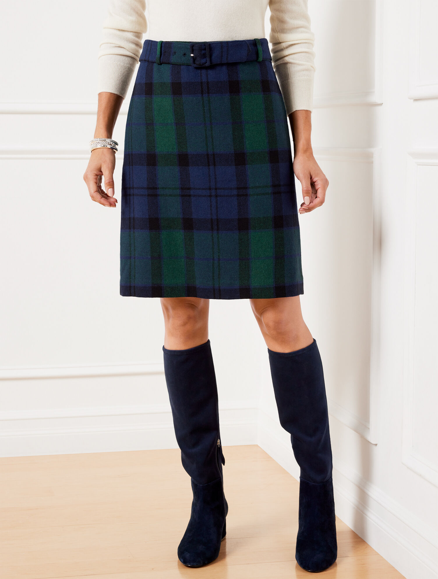 Belted A-Line Skirt Black Watch Plaid Talbots