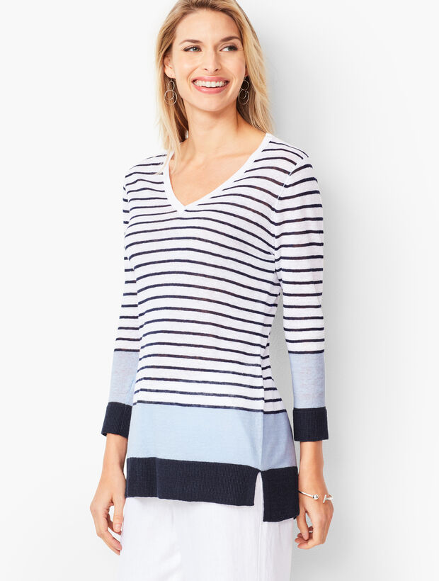 Blocked-Stripe Linen Sweater