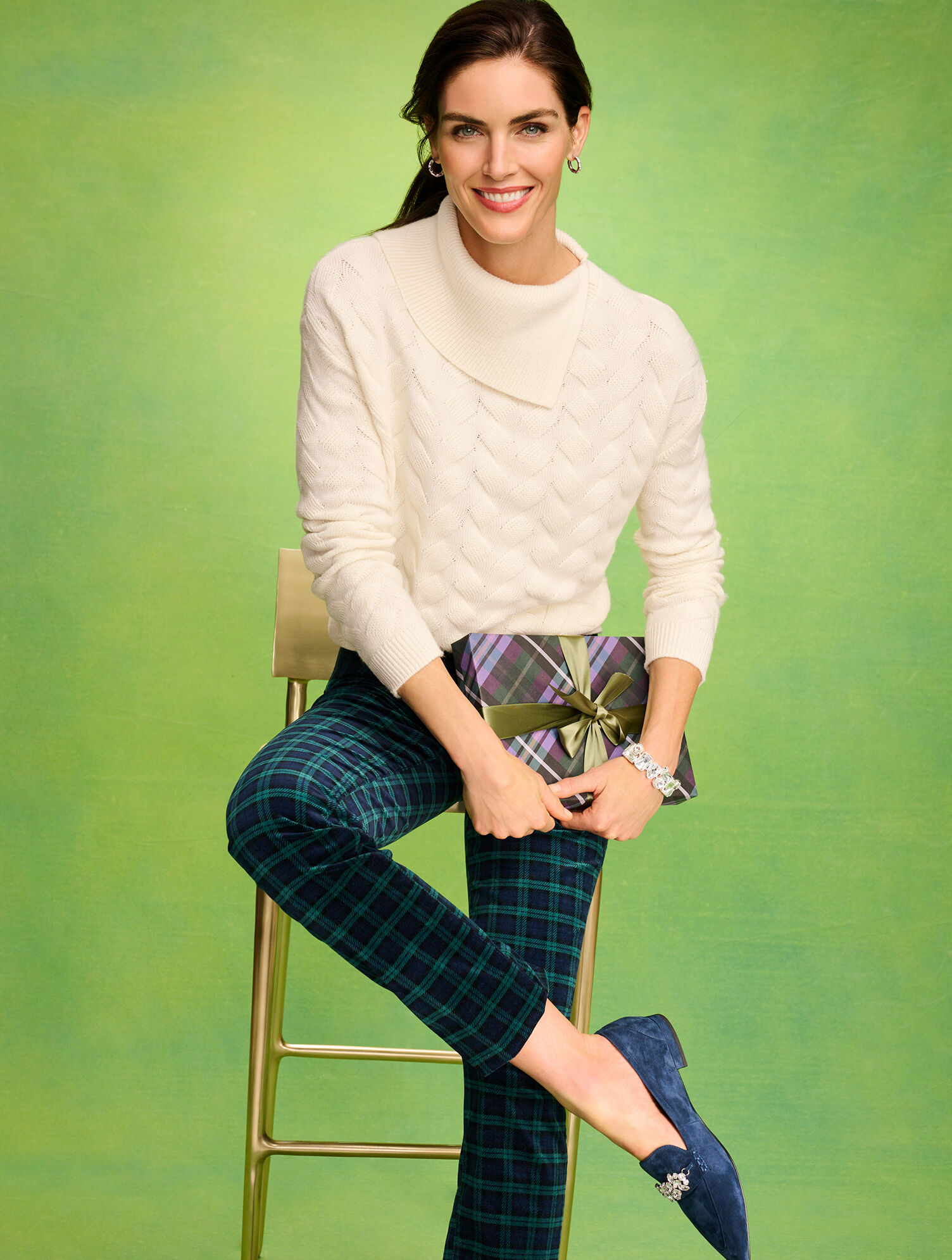 Straight Leg Velveteen Pants - Tranquil Tartan